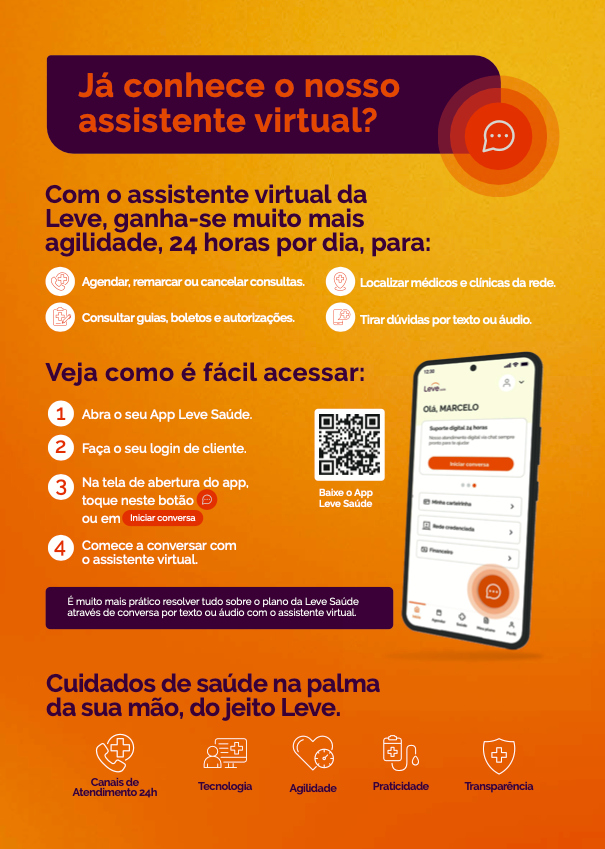 Arte da Leve Saúde que apresenta o assistente virtual, suas funções e como acessá-lo pelo aplicativo